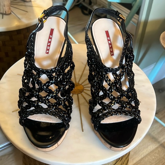 Prada, Black Wedge Sandals, leather 37.5 (US 7) - Picture 2 of 11